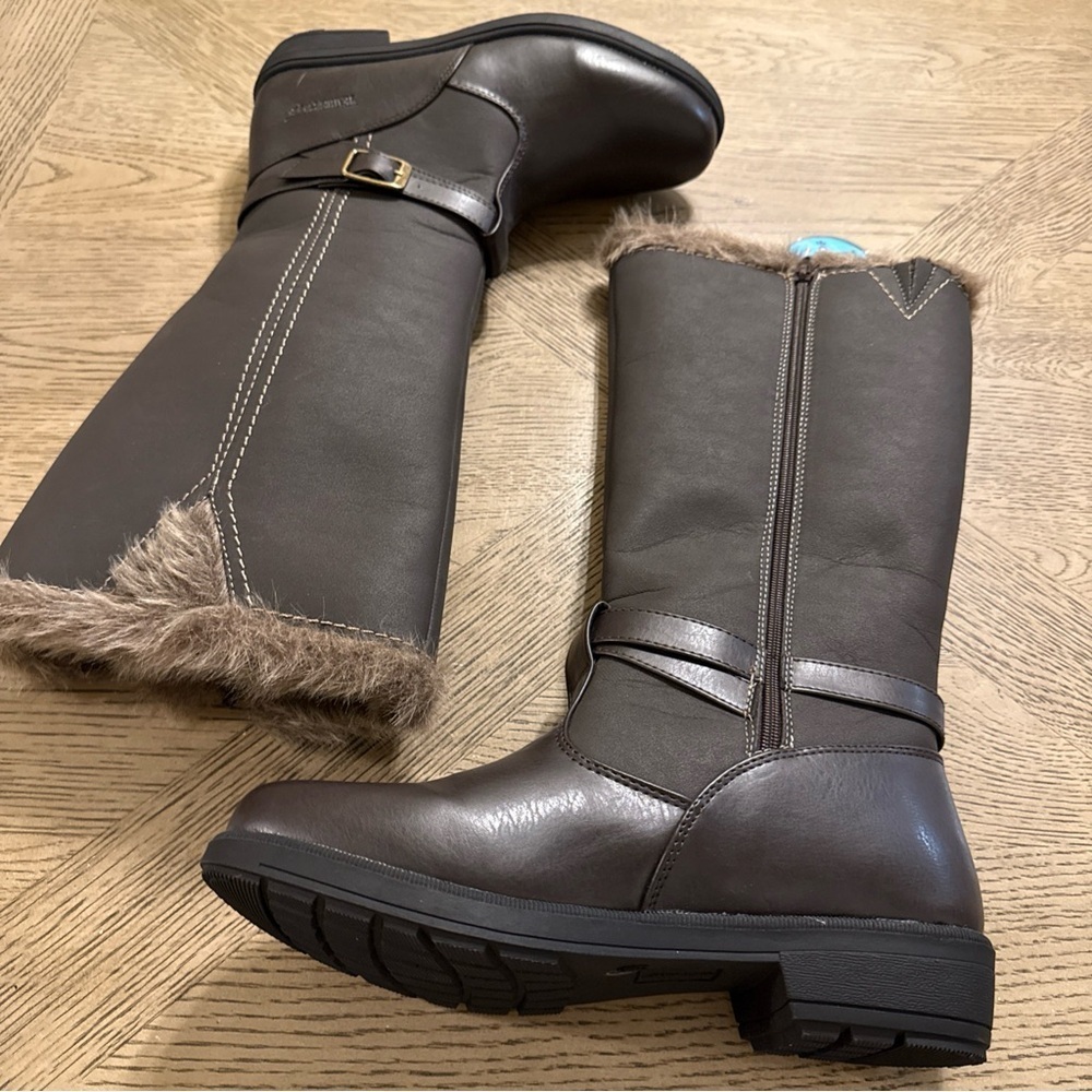 New Bella Brown Boots Size 9.5 Weather Proof Faux Leather Warm Faux Fur - Picture 2 of 4